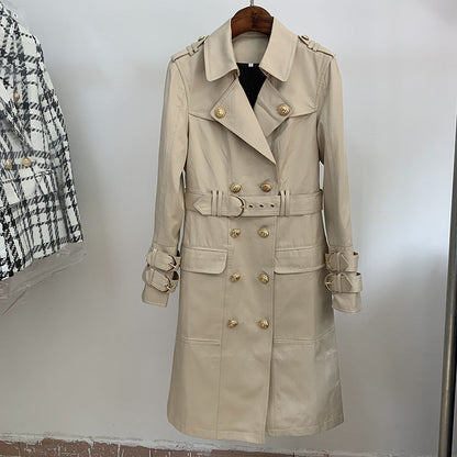 Autumn/winter quality top fashion metal lion buckle double breasted belt long trench coat A&S Collection
