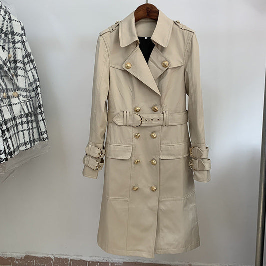 Autumn/winter quality top fashion metal lion buckle double breasted belt long trench coat A&S Collection