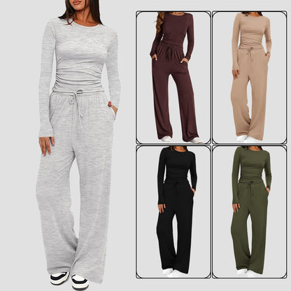 2 Pieces Women's Suit Autumn Winte Long Sleeve Tops High Waisted Wide Leg Pants Sportswear Female Clothes Solid Color Casual Suit.