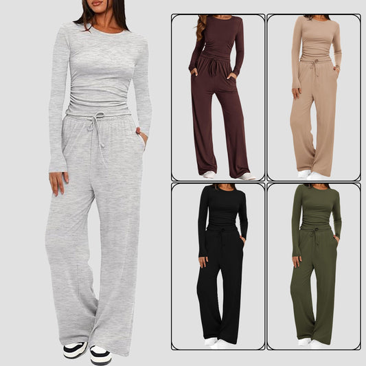 2 Pieces Women's Suit Autumn Winte Long Sleeve Tops High Waisted Wide Leg Pants Sportswear Female Clothes Solid Color Casual Suit.