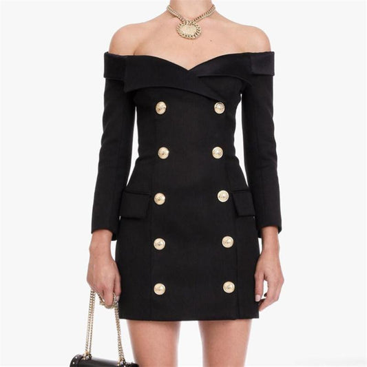 Autumn/winter celebrity fashion: Lion button double-breasted open-shoulder dress with a collar. A&S Collection