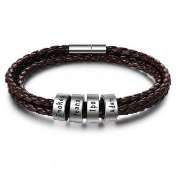 Personalized Mens Braided Genuine Leather Bracelet Stainless Steel Custom Beads Name Charm Bracelet For Men With Family Names A&S Collection