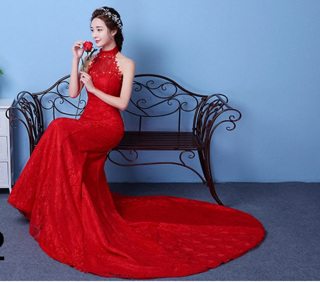 Big red wedding dress bride large size waist fishtail wedding dress palace fishtail tail Korean hanging neck A&S Collection