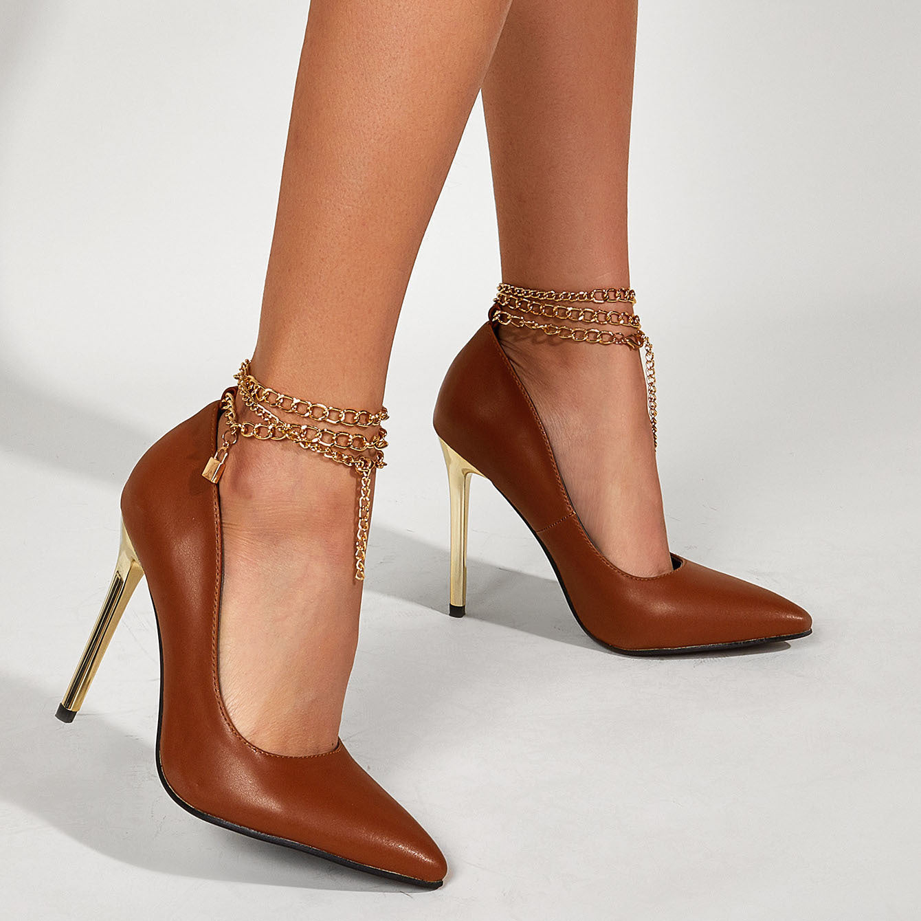 Sophisticated Metal Chain Pointed Stiletto Heels for Women CJ