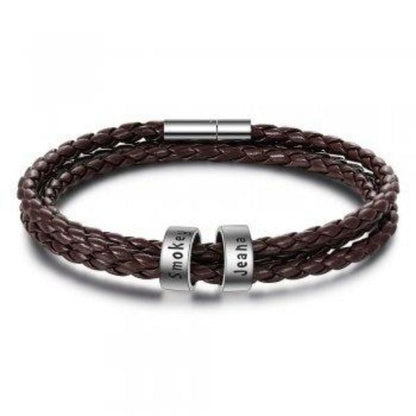 Personalized Mens Braided Genuine Leather Bracelet Stainless Steel Custom Beads Name Charm Bracelet For Men With Family Names A&S Collection