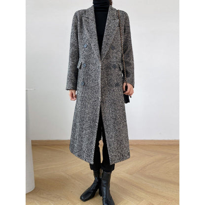 Dongdaemun herringbone gray wool coat women's new autumn and winter suit collar wool coat A&S Collection