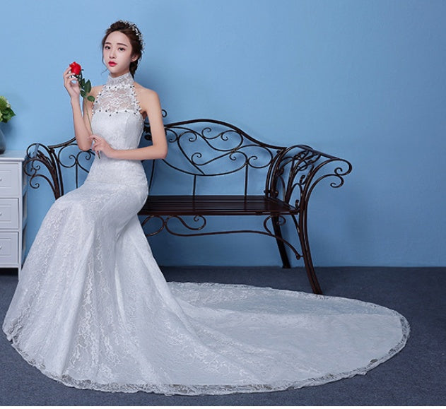 Big red wedding dress bride large size waist fishtail wedding dress palace fishtail tail Korean hanging neck A&S Collection
