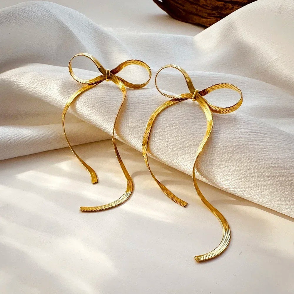 Stainless Steel Jewelry Wholesale: Non-tarnish Herringbone Bow Earrings, Hypoallergenic 18k Gold Plated Ribbon Bowknot Earrings CJ