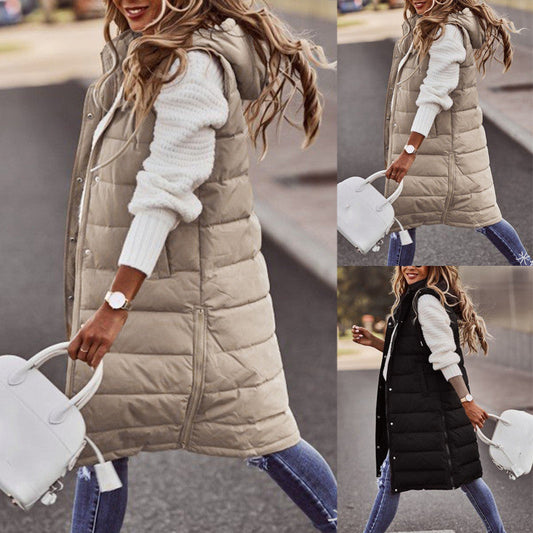 Solid color hooded single breasted medium long cotton-padded vest slim temperament cardigan coat top Hypersku
