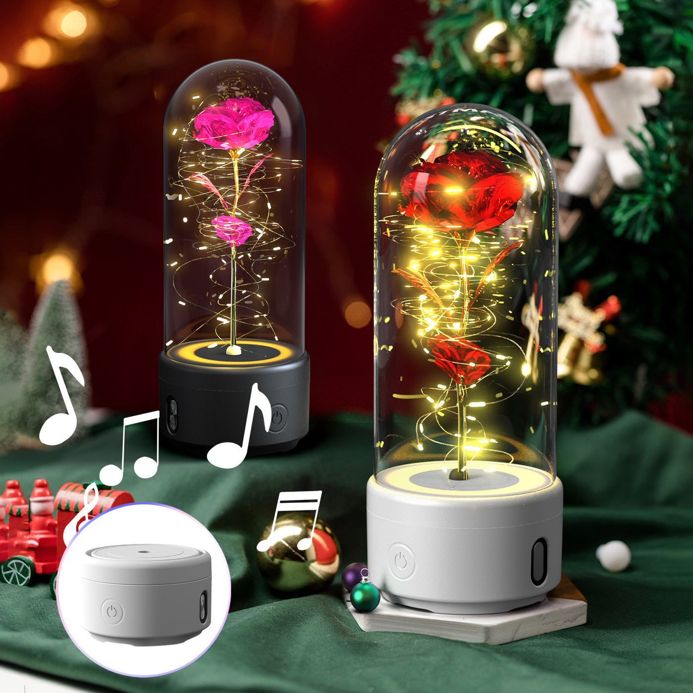 Creative 2 In 1 Rose Flowers LED Light And Bluetooth-compatible Speaker Valentine's Day Gift Rose Luminous Night Light Ornament In Glass Cover A&S Collection