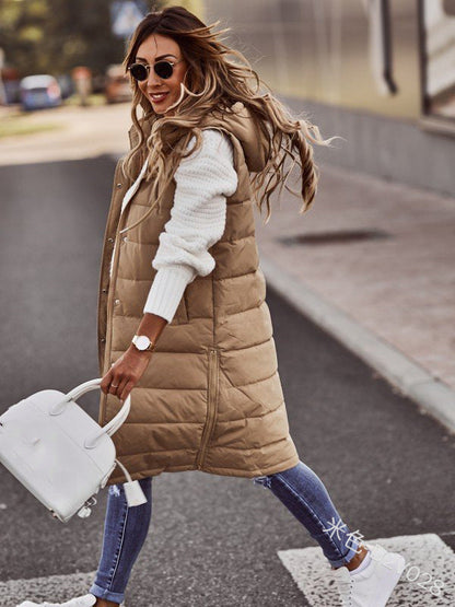 Solid color hooded single breasted medium long cotton-padded vest slim temperament cardigan coat top Hypersku