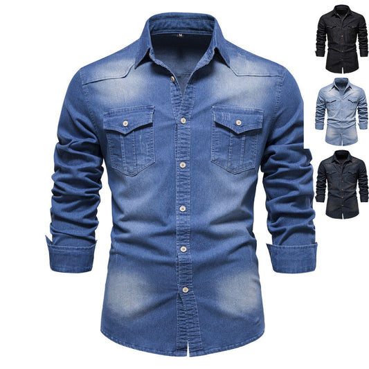 Men's Long-sleeved Denim Shirt Casual Solid Button Slim Tops Clothing A&S Collection