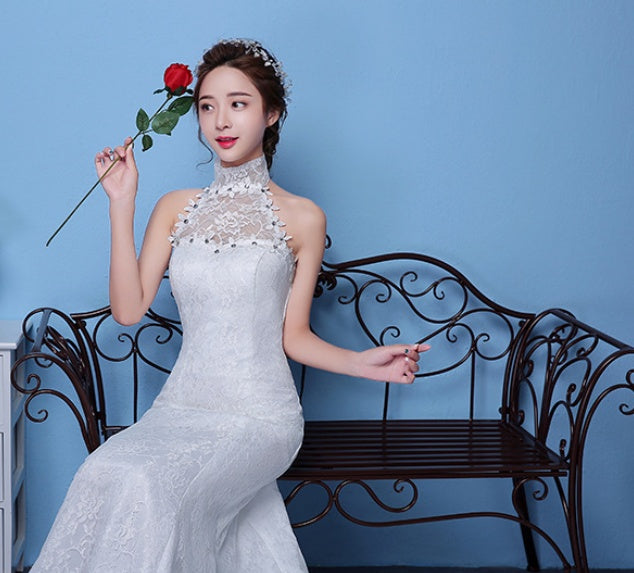 Big red wedding dress bride large size waist fishtail wedding dress palace fishtail tail Korean hanging neck A&S Collection