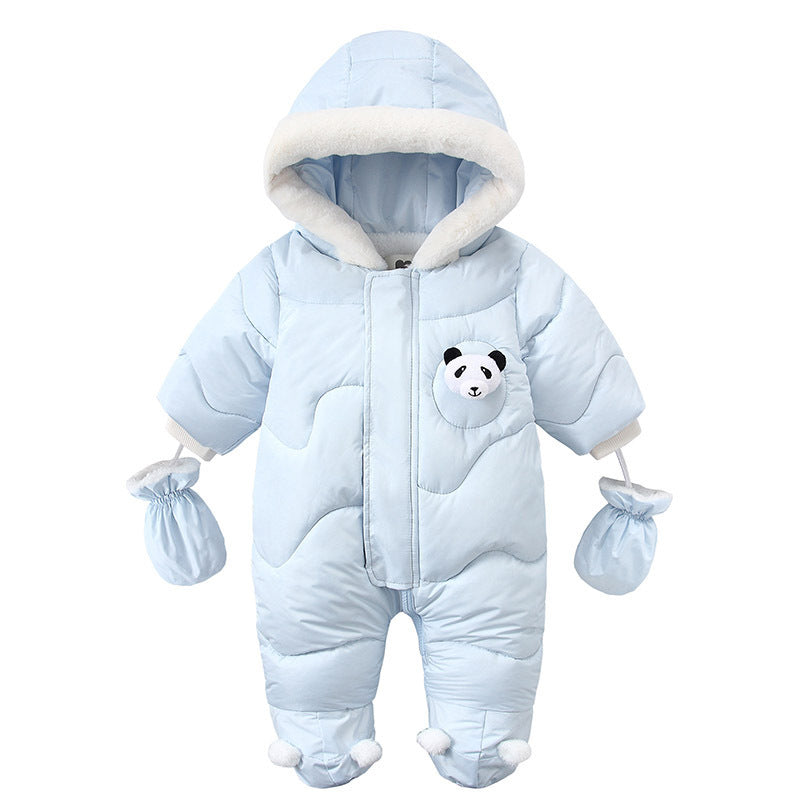 Adorable pink baby snowsuit with panda design, cozy hood, and mittens. A&S Collection