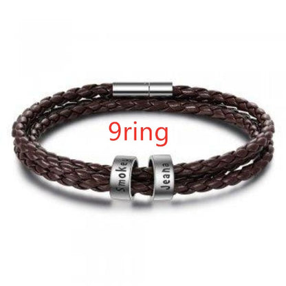 Personalized Mens Braided Genuine Leather Bracelet Stainless Steel Custom Beads Name Charm Bracelet For Men With Family Names A&S Collection