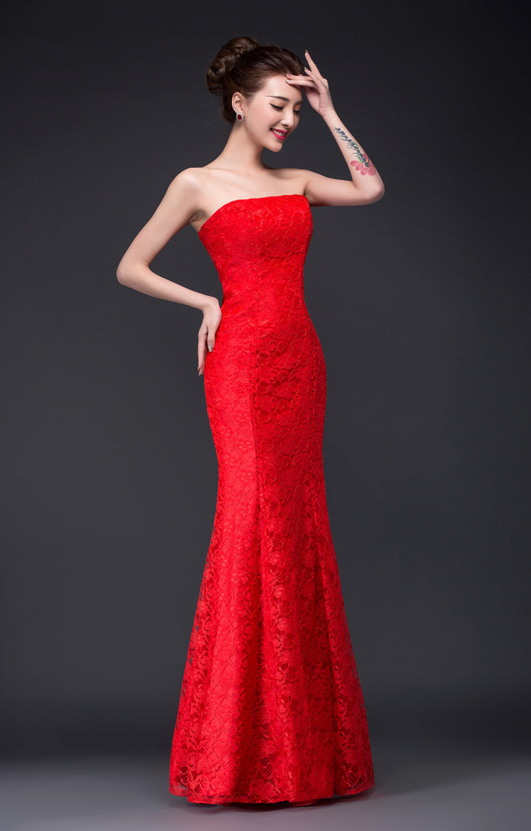 Long dress fuchsia and white lace trailing sexy bride wedding dress A&S Collection
