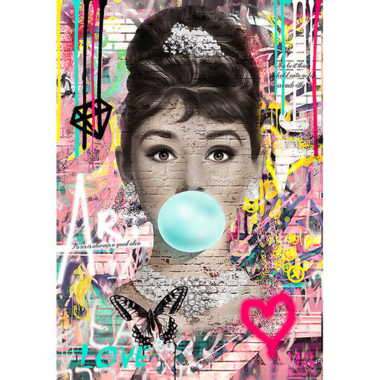 Popular Street Graffiti Art: Audrey Hepburn and Monroe Blowing Balloons on Painted Canvas - A Chic and Artistic Decorative Piece A&S Collection