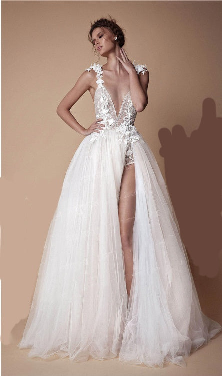 Angel Wedding Dress, Diamond Lace Collar, High Slit Bridal Tail, Open Back Light Wedding Dress A&S Collection