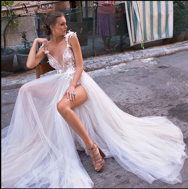 Angel Wedding Dress, Diamond Lace Collar, High Slit Bridal Tail, Open Back Light Wedding Dress A&S Collection
