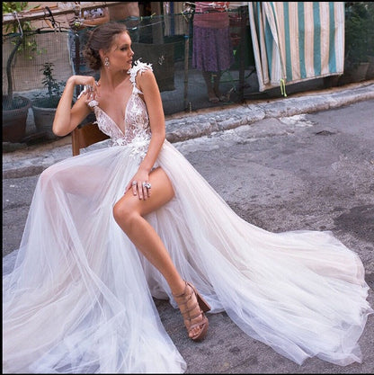 Angel Wedding Dress, Diamond Lace Collar, High Slit Bridal Tail, Open Back Light Wedding Dress A&S Collection