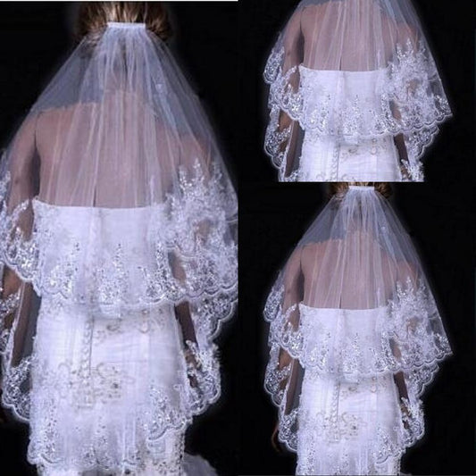 Bridal Sequined Polyester Veil Face Cover Two Layers Lace Sideband A&S Collection