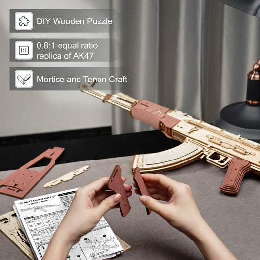 Robotime Rokr Automatic Rifle AK-47 3D Wooden Assembly Gun Double Firing Modes Funny DIY Toys For Kids Adults Justice Guar LQ901 A&S Collection