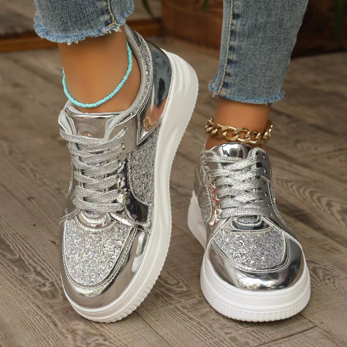 Stylish Lace-Up Sequin Flats: Casual Sports Shoes for Women with Thick Bottom and Non-Slip Design – Perfect for Effortless Walks A&S Collection