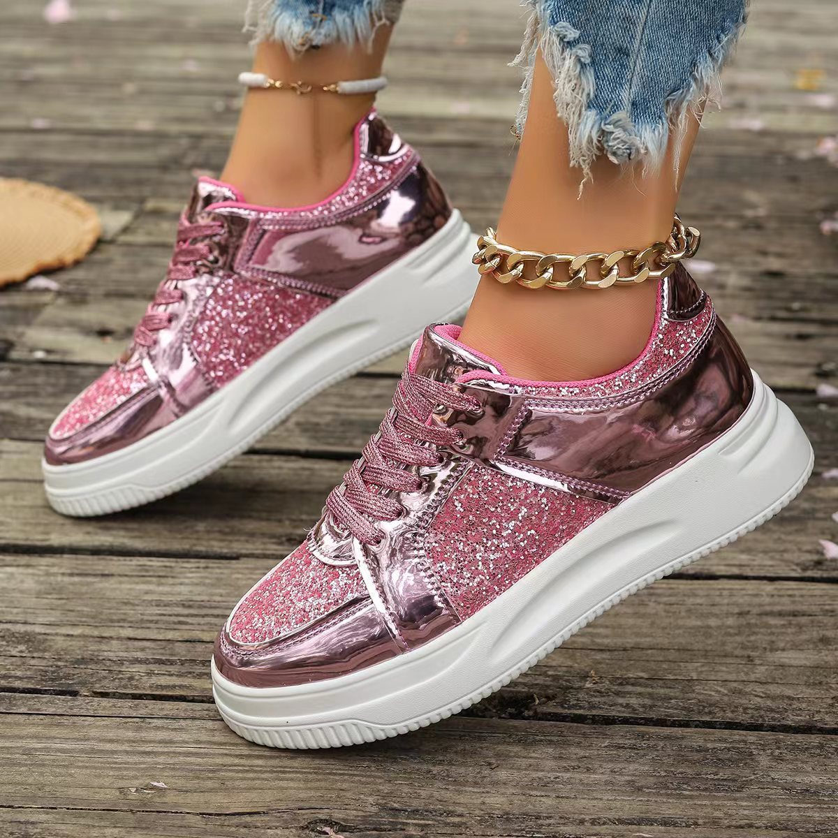 Stylish Lace-Up Sequin Flats: Casual Sports Shoes for Women with Thick Bottom and Non-Slip Design – Perfect for Effortless Walks A&S Collection