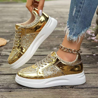 Stylish Lace-Up Sequin Flats: Casual Sports Shoes for Women with Thick Bottom and Non-Slip Design – Perfect for Effortless Walks A&S Collection