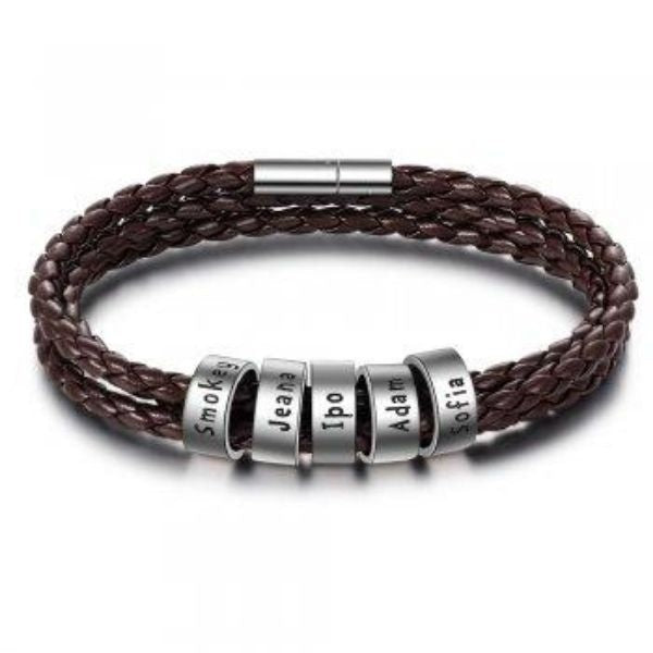 Personalized Mens Braided Genuine Leather Bracelet Stainless Steel Custom Beads Name Charm Bracelet For Men With Family Names A&S Collection