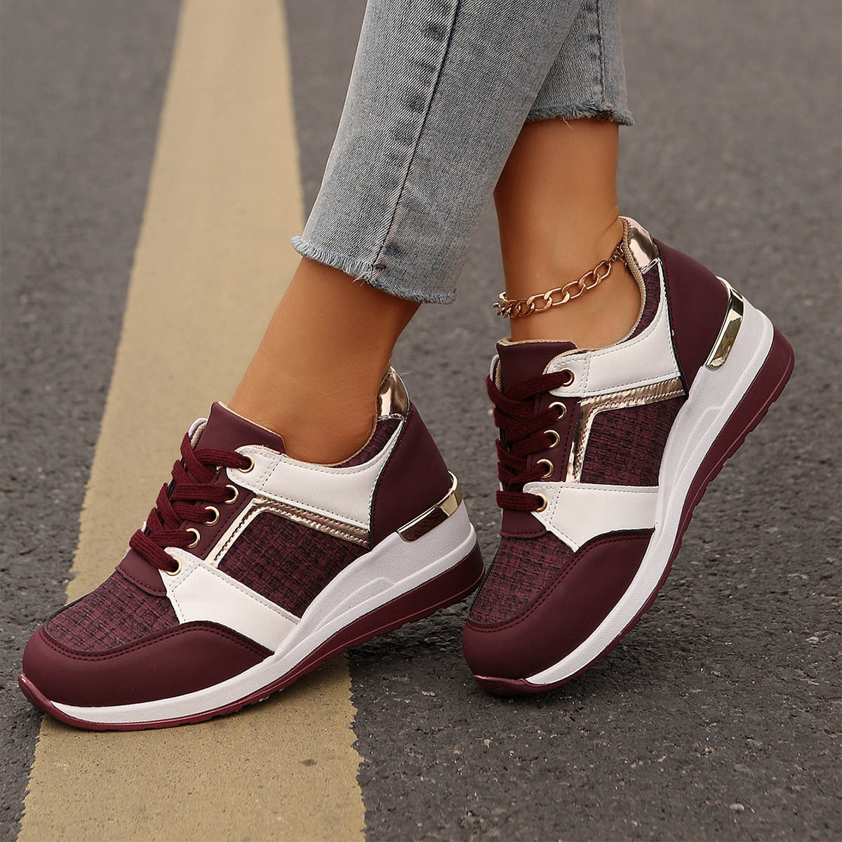 Chic Colorblock Lace-Up Sneakers: Fashionable, Thick-Soled Casual Sports Shoes for Women - Round Toe Slip-On Comfort A&S Collection