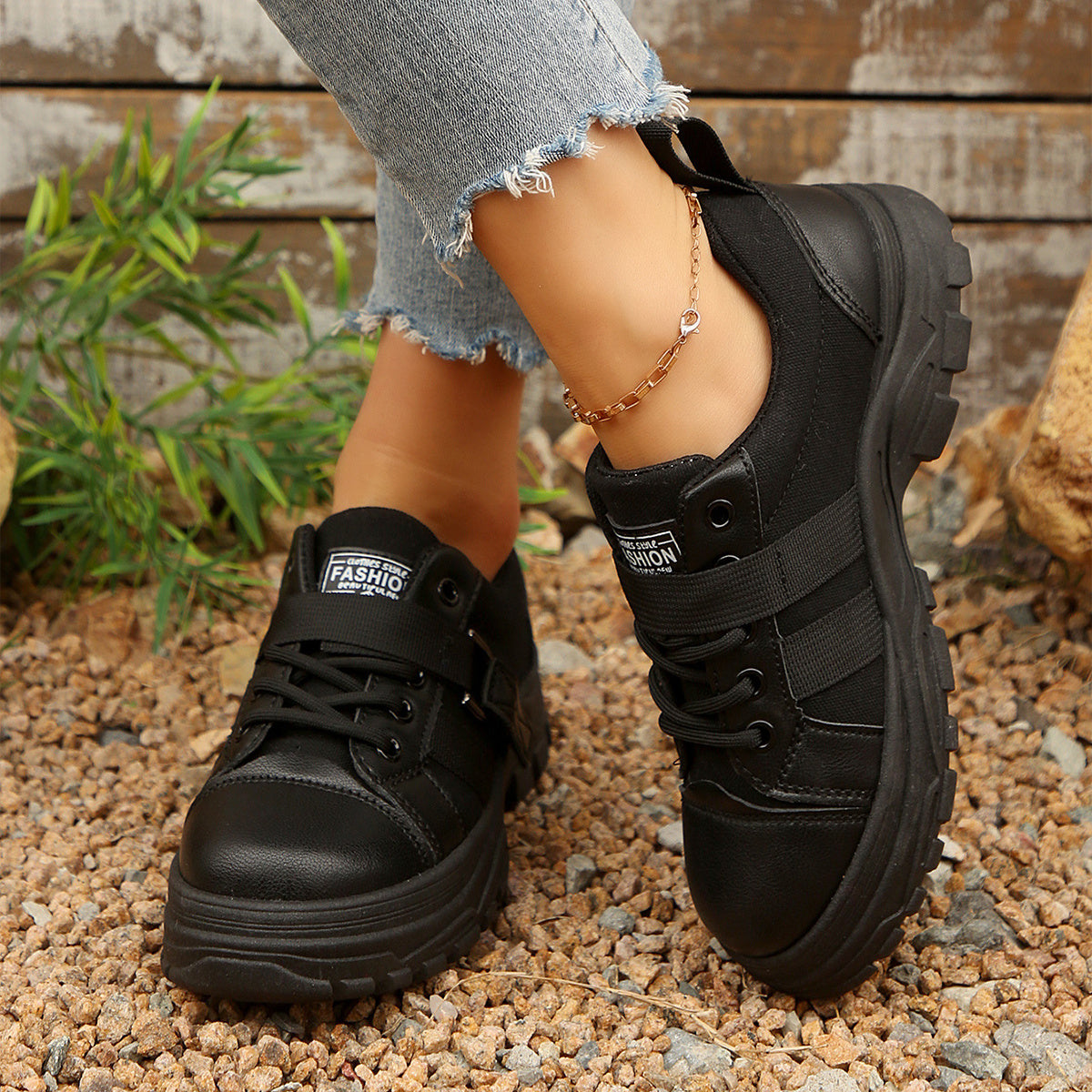 Lace-up Canvas Shoes With Hook Design Fashion Breathable Thick-soled Round-toe Casual Shoes For Women Sneakers A&S Collection