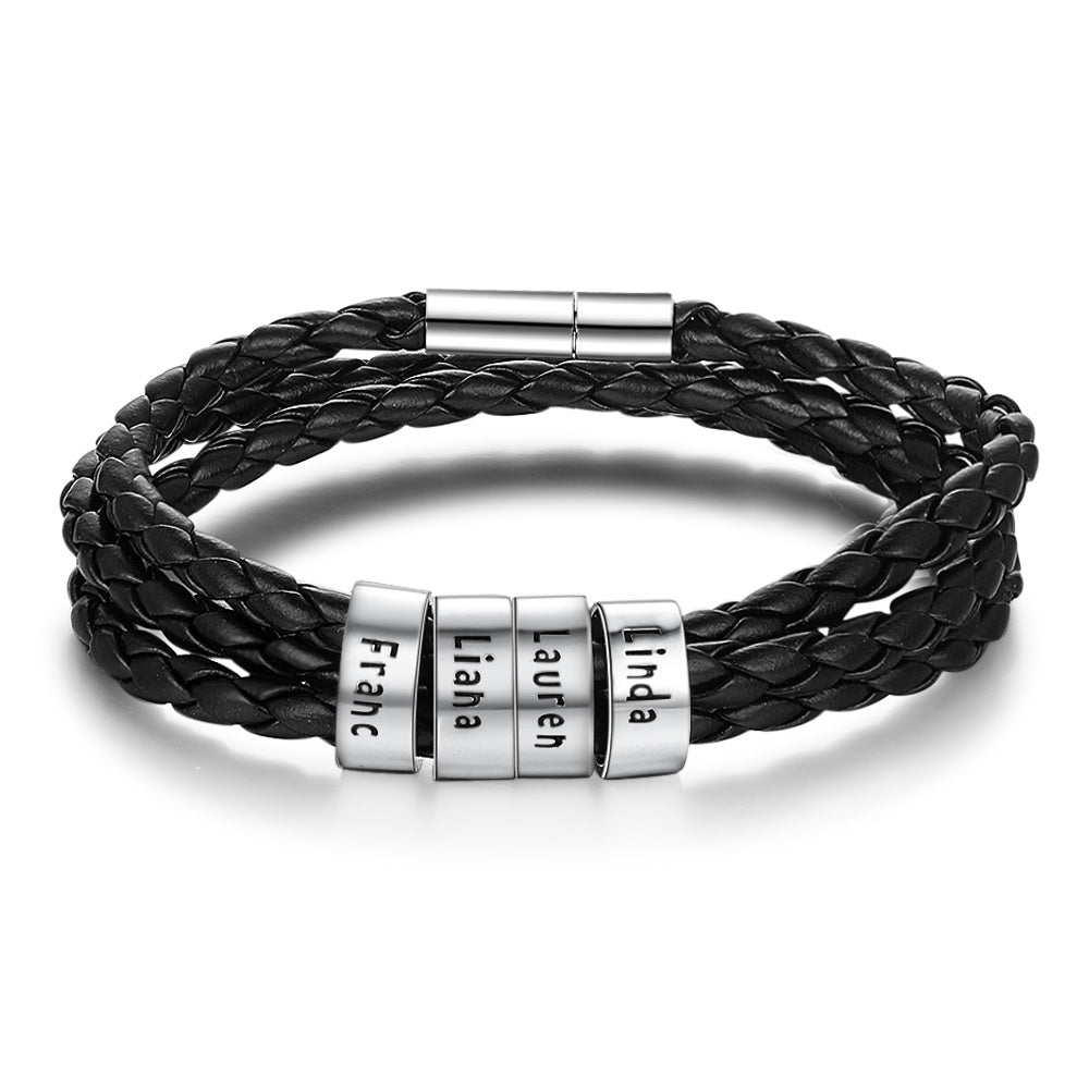Personalized Mens Braided Genuine Leather Bracelet Stainless Steel Custom Beads Name Charm Bracelet For Men With Family Names A&S Collection