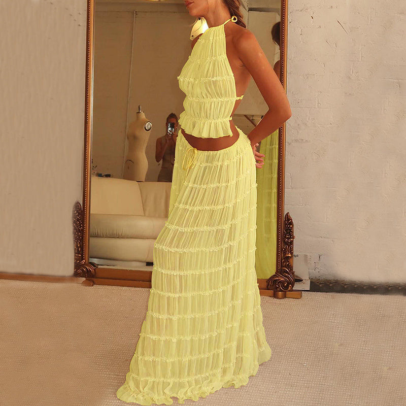 2pcs Women's Dress Suit Sexy Sleeveless Backless Cropped Halter Top And Pleated Long Skirt Beach Clothing A&S Collection