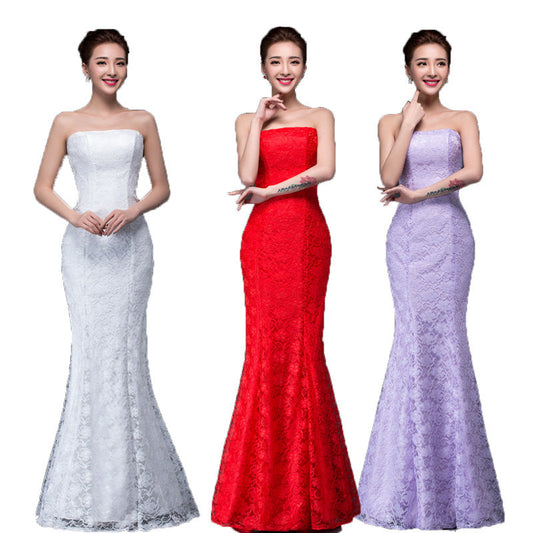 Long dress fuchsia and white lace trailing sexy bride wedding dress A&S Collection