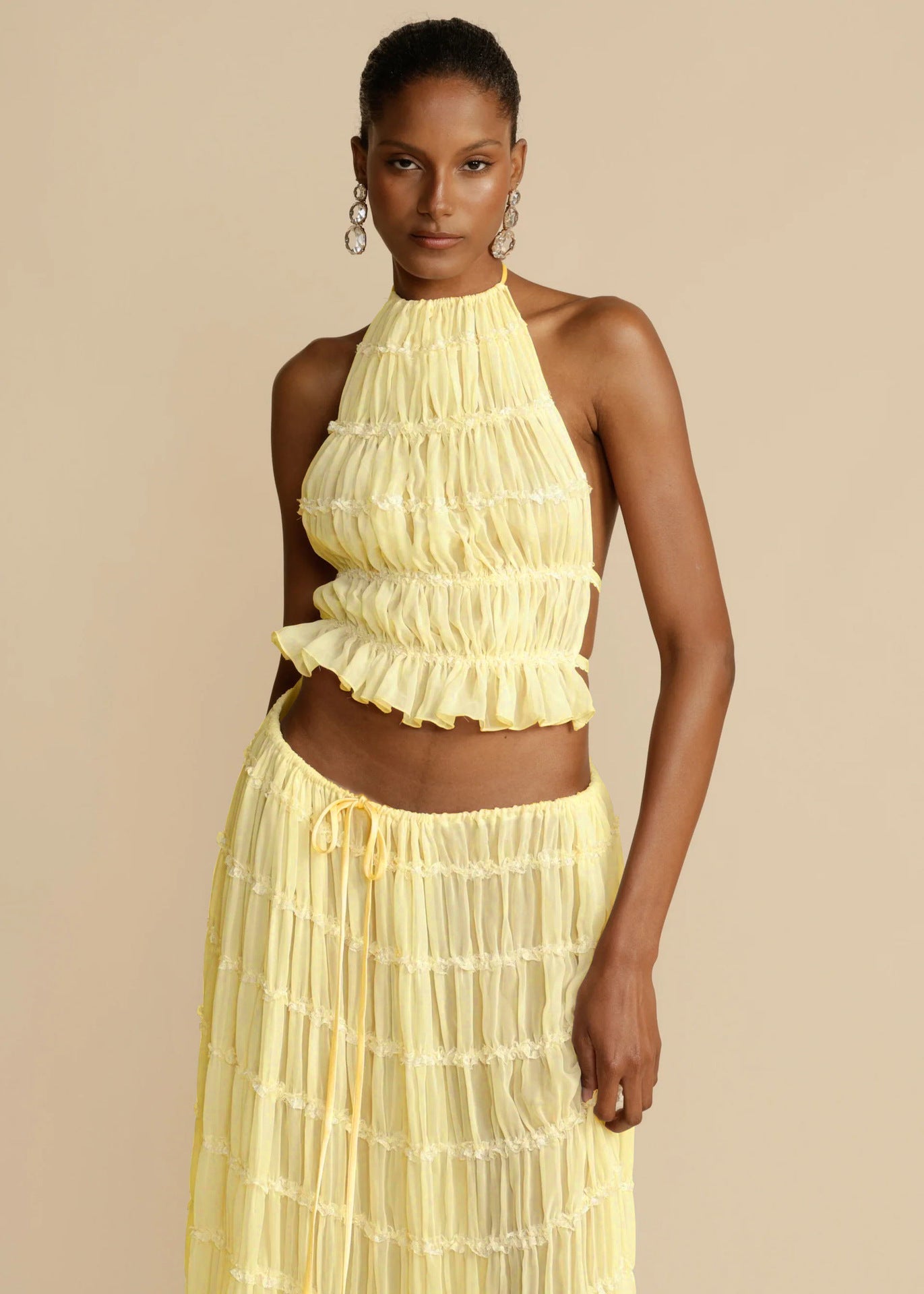 2pcs Women's Dress Suit Sexy Sleeveless Backless Cropped Halter Top And Pleated Long Skirt Beach Clothing A&S Collection