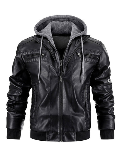Men's Faux Leather Jacket Motorcycle Jacket Waterproof Windproof PU Moto Vintage Bomber Hoodie With Removable Hood A&S Collection