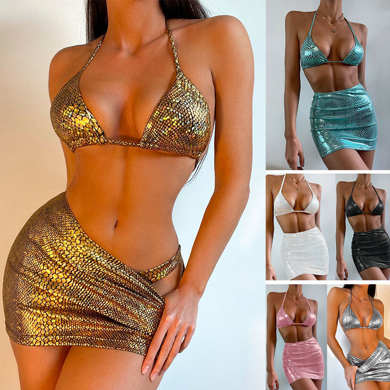 Women's 3 Piece Bathing Suits Halter Snake Pattern Bikini Set With Cover Up Skirt Summer Swimsuit A&S Collection