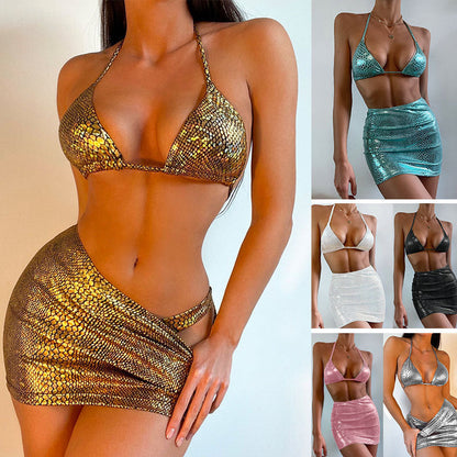 Women's 3 Piece Bathing Suits Halter Snake Pattern Bikini Set With Cover Up Skirt Summer Swimsuit A&S Collection
