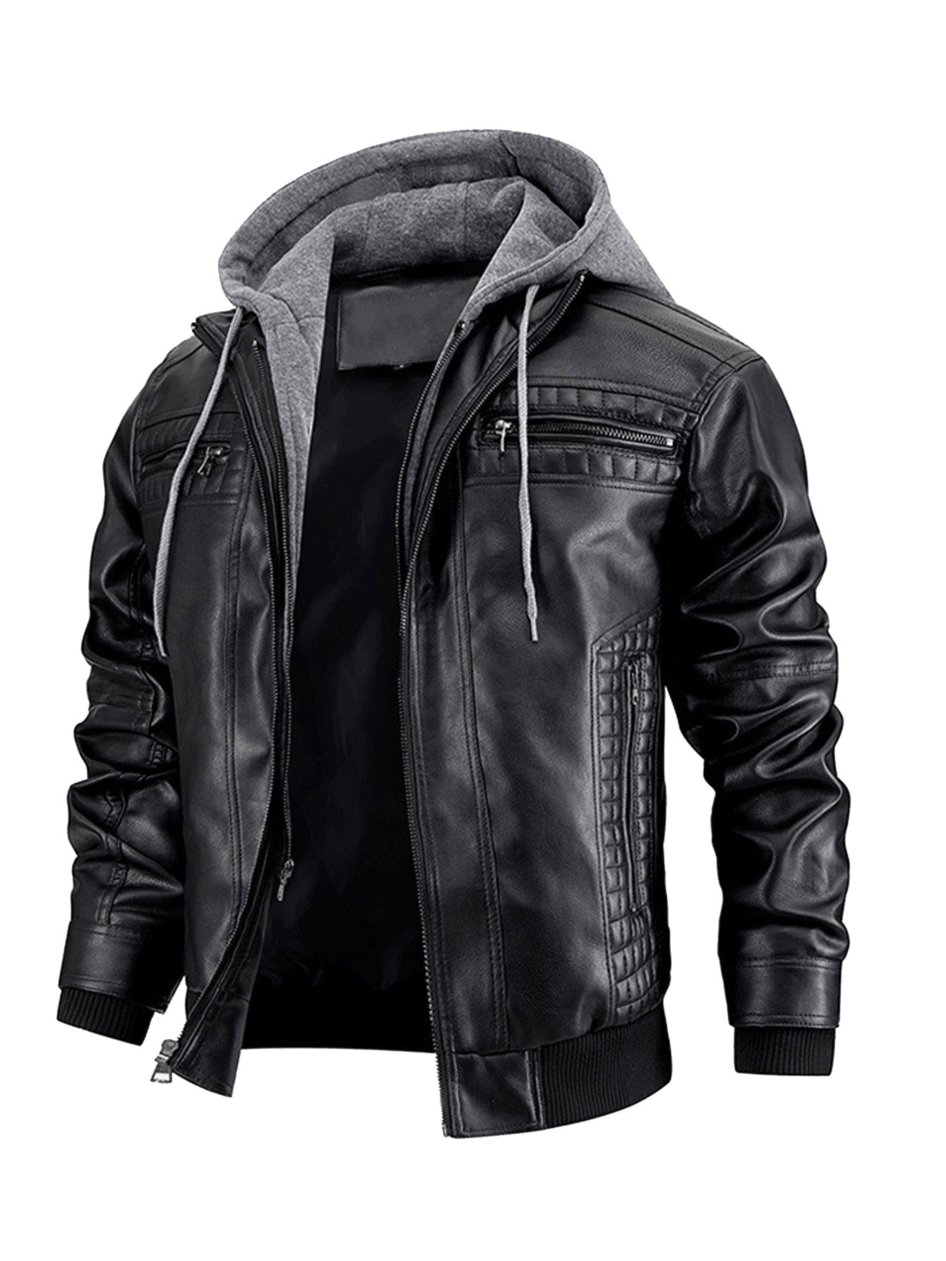 Men's Faux Leather Jacket Motorcycle Jacket Waterproof Windproof PU Moto Vintage Bomber Hoodie With Removable Hood A&S Collection