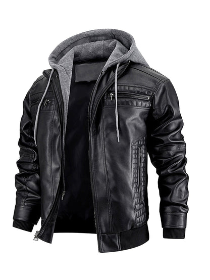 Men's Faux Leather Jacket Motorcycle Jacket Waterproof Windproof PU Moto Vintage Bomber Hoodie With Removable Hood A&S Collection