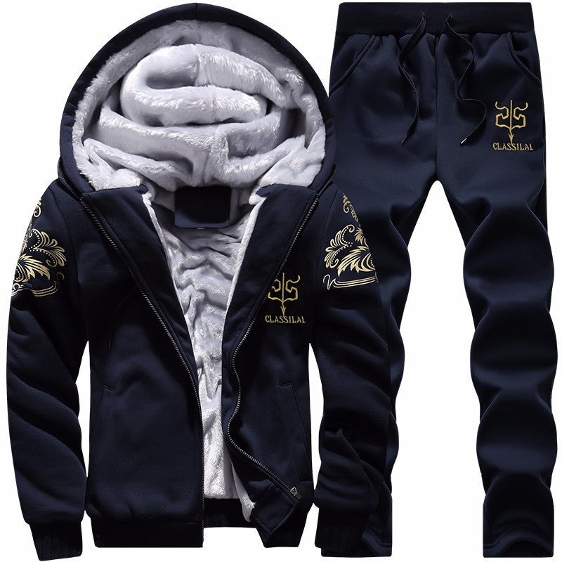 Cross border winter casual sports suit men's hooded and plush thick long sleeve pants two-piece large-size loose trend A&S Collection