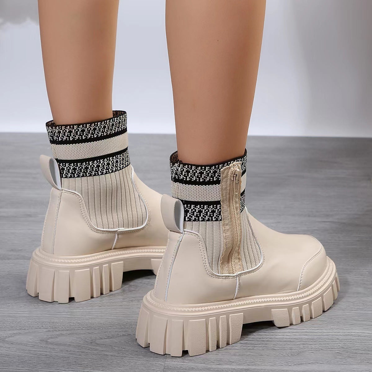 Fashion Mid-tube Boots With Zipper Design Non-slip Thick Sole Elastic Knitted Patchwork Boots For Women Round Toe Shoes Winter A&S Collection
