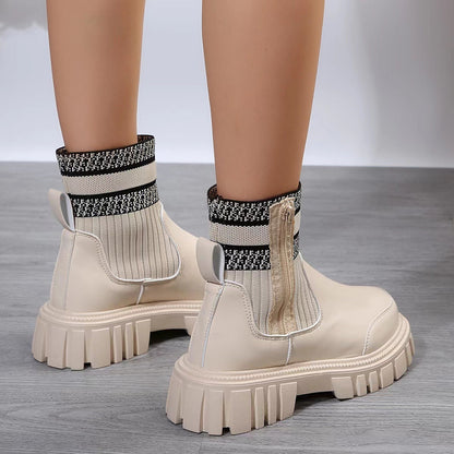 Fashion Mid-tube Boots With Zipper Design Non-slip Thick Sole Elastic Knitted Patchwork Boots For Women Round Toe Shoes Winter A&S Collection