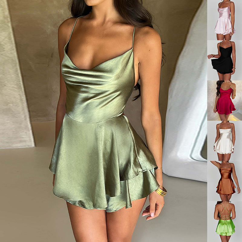 Elegant Satin Suspender Dress with Lace-Up Back - Perfect for Chic and Sexy Looks! CJ
