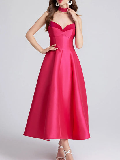 Sweetheart Spaghetti Strap Midi Dress with Collar.