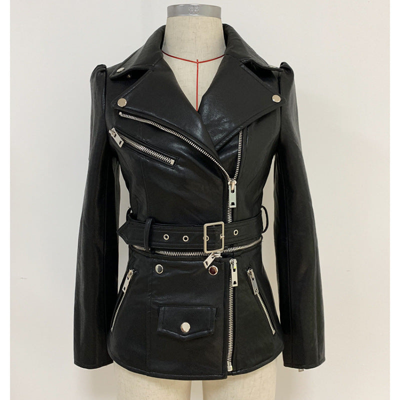 Autumn/winter British style women's motorcycle jacket with detachable hem, trim, and zipper leather coat A&S Collection