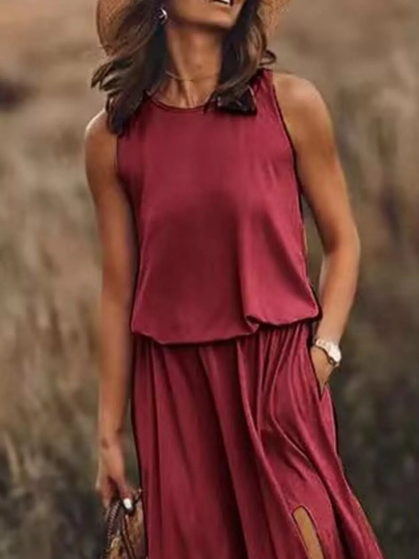 Full Size Round Neck Sleeveless Slit Maxi Dress Plus Size.