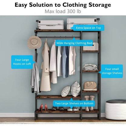 Free-standing Open Closet with Hooks, Metal Clothes Shelf Garment Rack with Shelves and Hanging Rod A&S Collection
