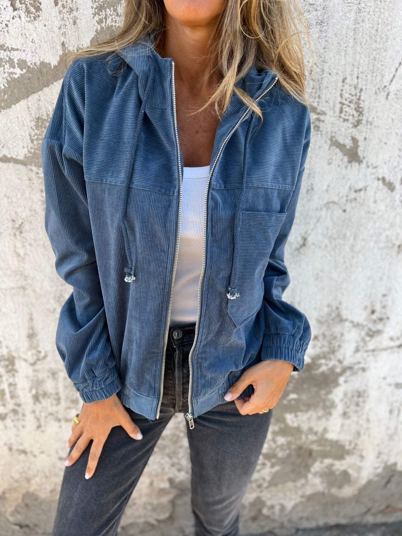 Corduroy Hooded Zip-up Jacket With Pockets Fashion Casual Drawstring Tops Outerwear Women's Clothing CJ